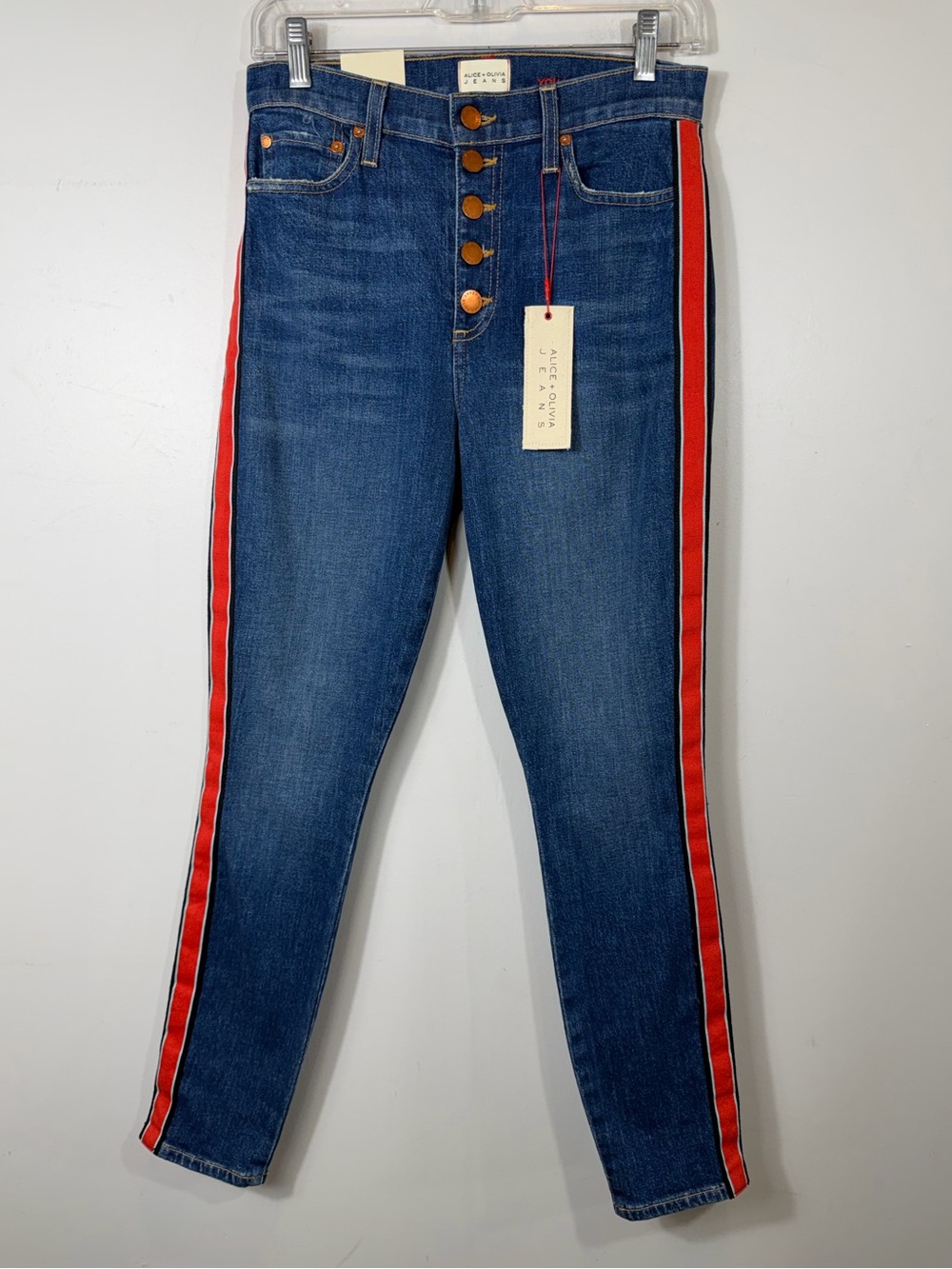 NWT Alice + Olivia High Rise Skinny Jeans Side Stripe Size 26 Button Fly